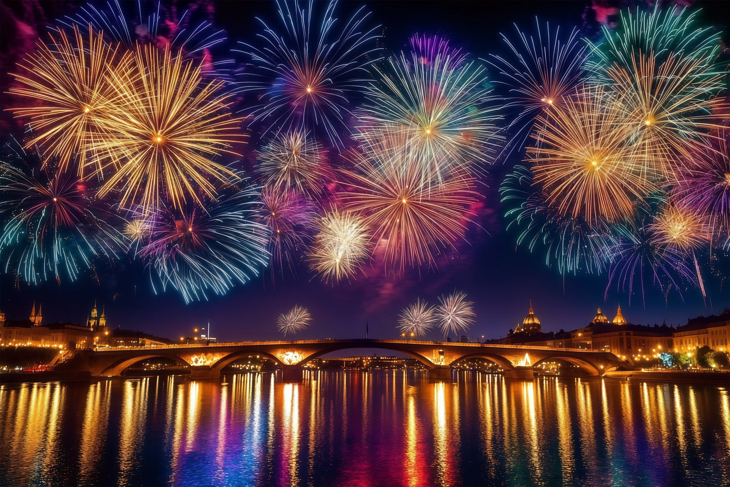 Neujahrs-Hintergründe Stadt Nacht Flussreflexion Feuerwerk Foto-Hintergrund LXX512-6