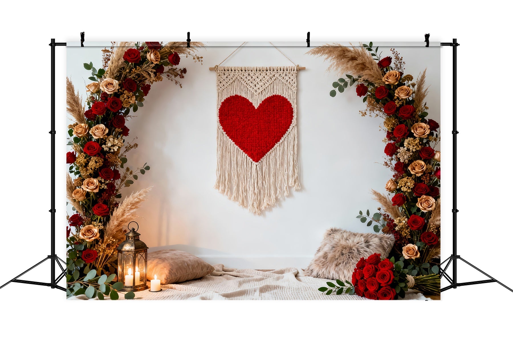 Boho-Blumen-Valentinstag-Hintergrund Makramee-Herz Rosenbogen Liebeshintergründe LXX512-71