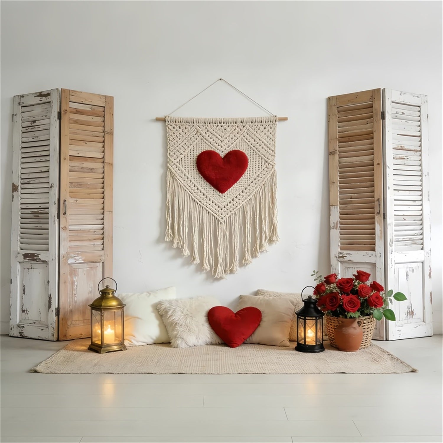 Liebeshintergründe Rustikale Fensterläden Makramee-Herz Boho-Blumen-Valentinstag-Hintergrund LXX512-72
