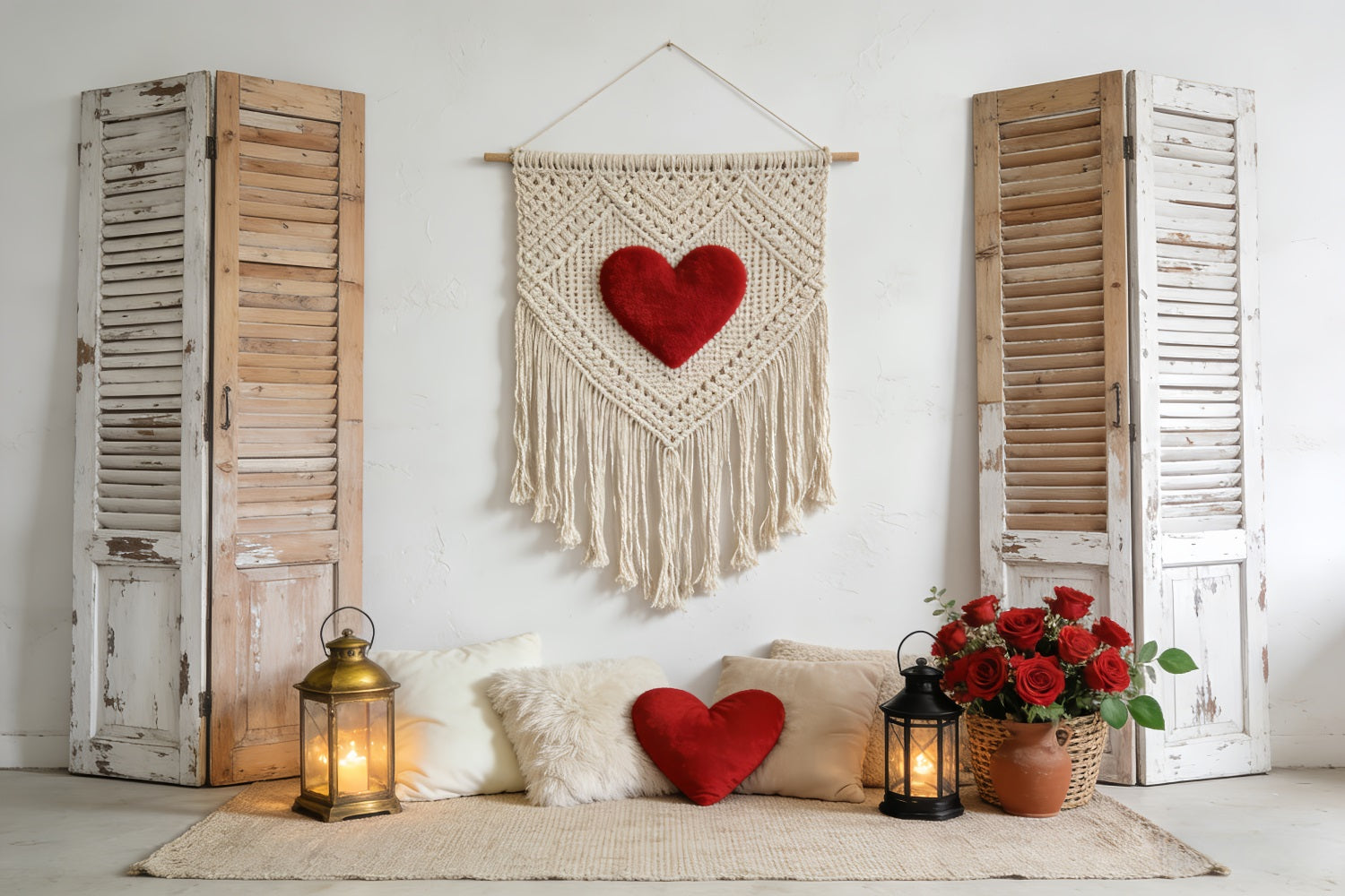 Liebeshintergründe Rustikale Fensterläden Makramee-Herz Boho-Blumen-Valentinstag-Hintergrund LXX512-72