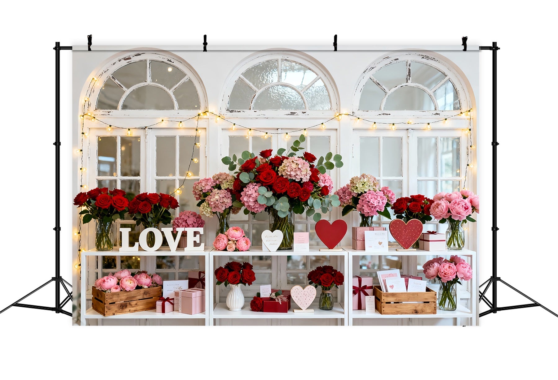 Valentinstag-Hintergrund Vintage-Fenster Blumenarrangement Liebeshintergründe LXX512-73