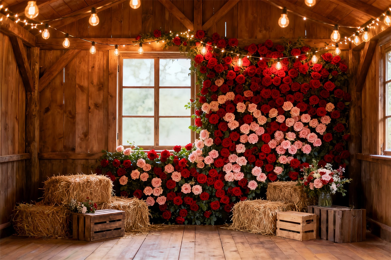 Roter Rosen-Wandhintergrund Rustikaler Bauernhof-Scheune Valentinstag-Hintergrund LXX512-75