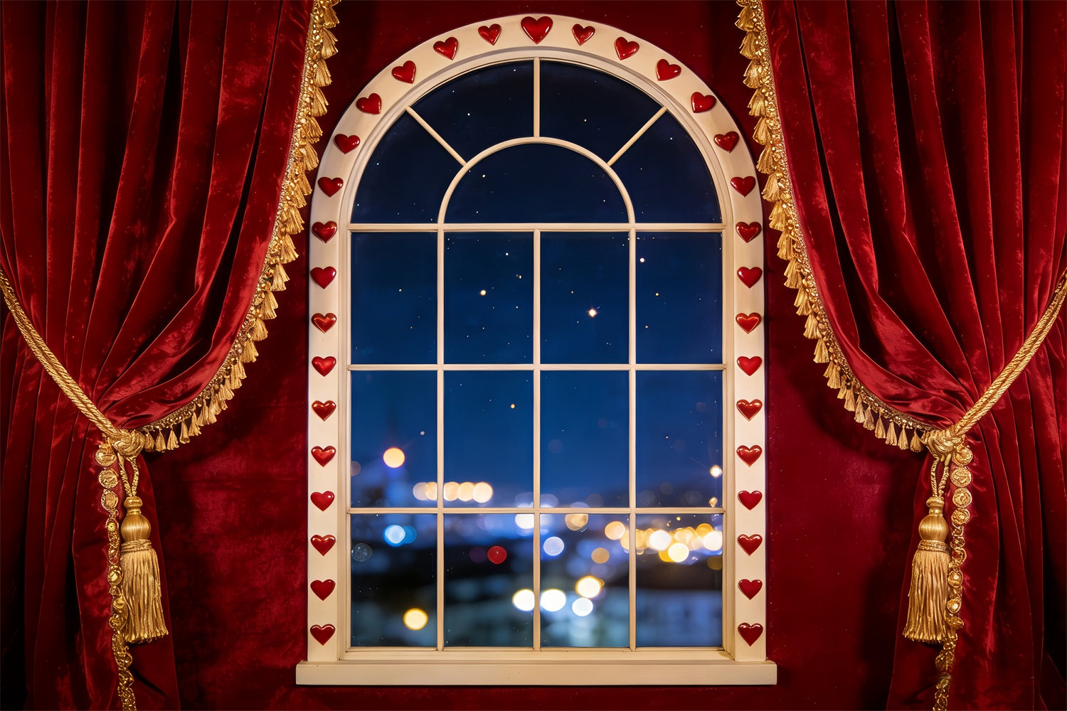 Bokeh-Valentinstag-Hintergrund Samtvorhang Herzfenster Romantische Hintergründe LXX512-76