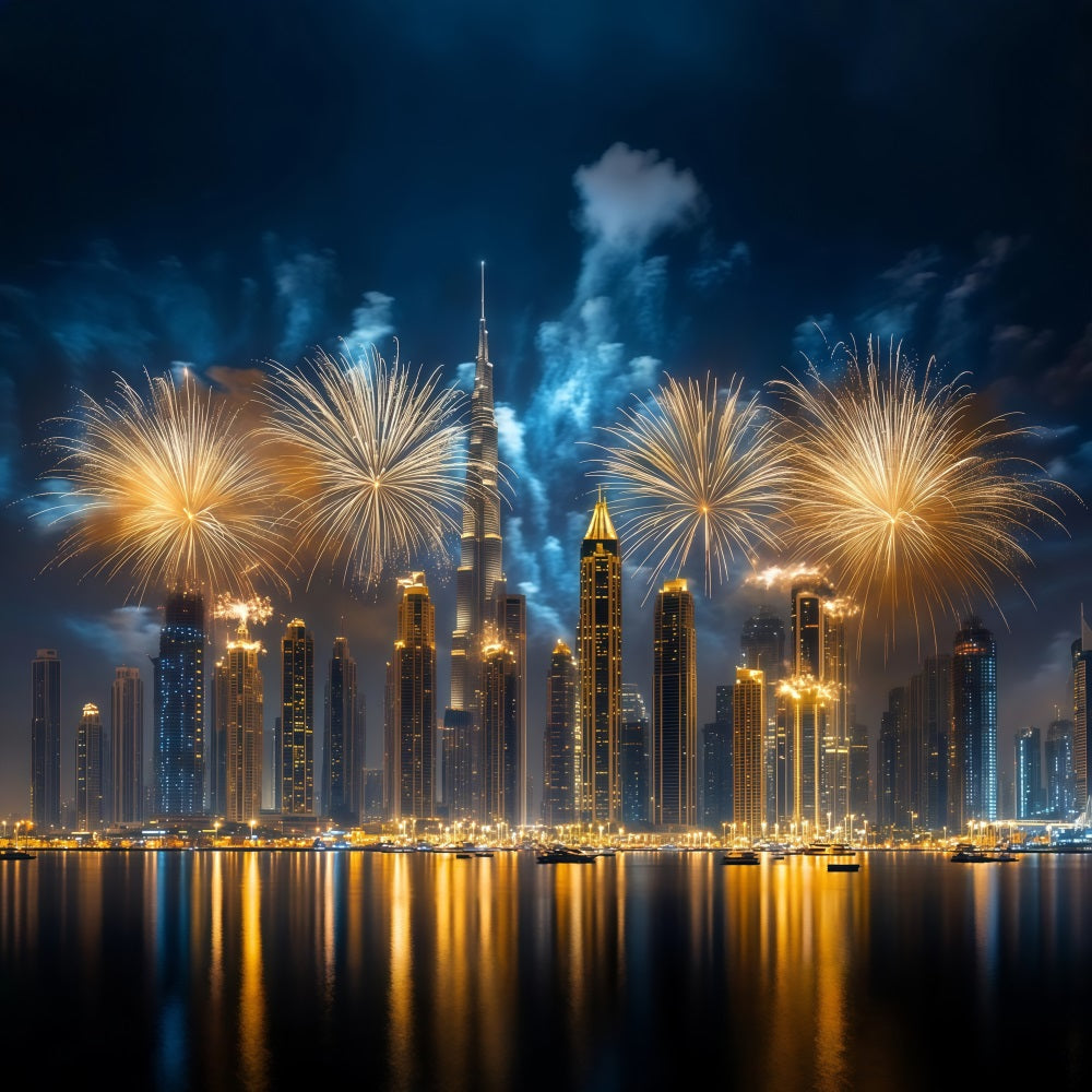 Neujahrs-Hintergrund Ideen Goldenes Feuerwerk Stadt-Skyline Stadtlandschaft Foto-Hintergrund LXX512-8