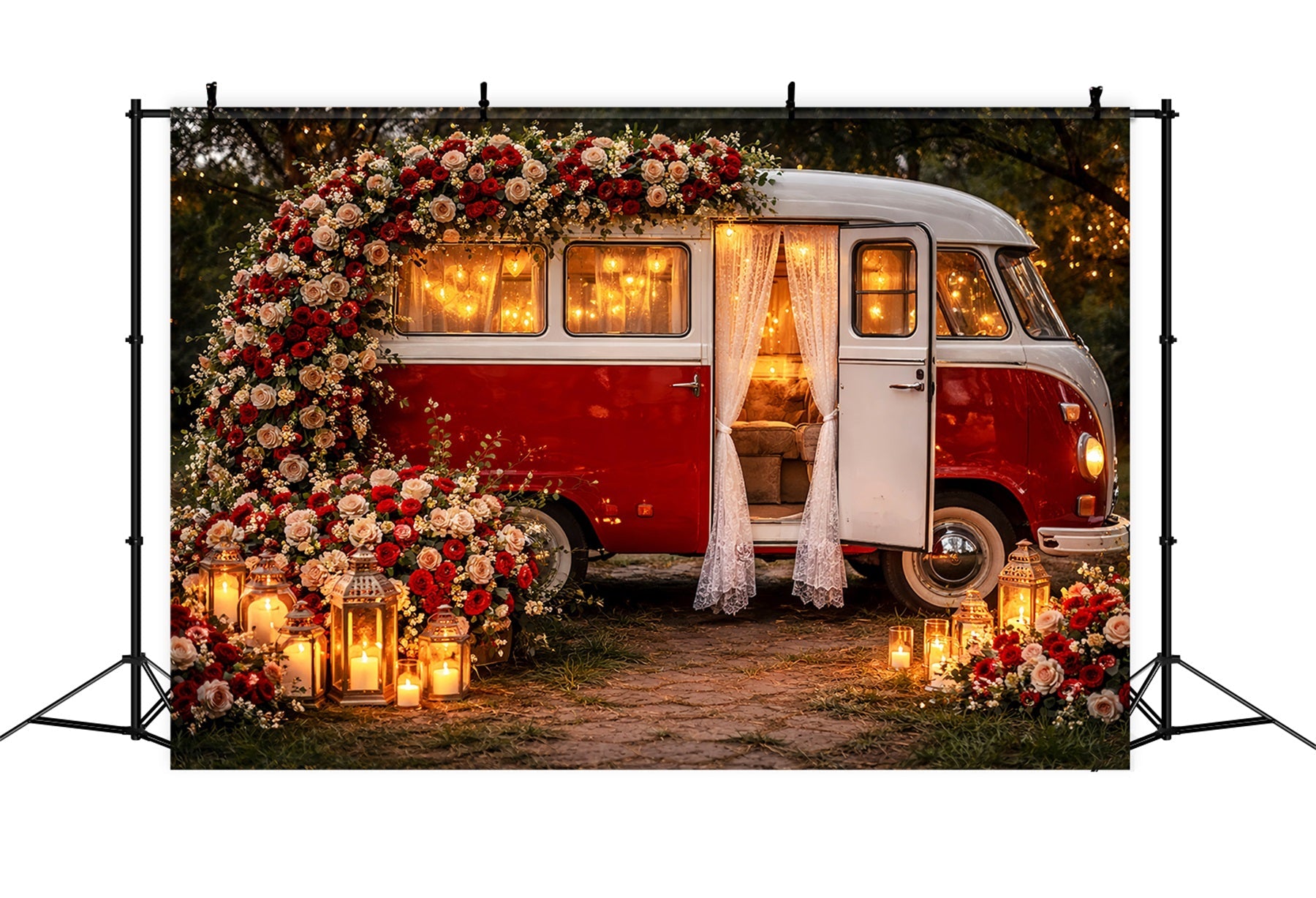 Rote Rosen-Hintergrund Vintage Laterne Camper Romantik Glitzer Valentinstag-Hintergrund LXX512-85