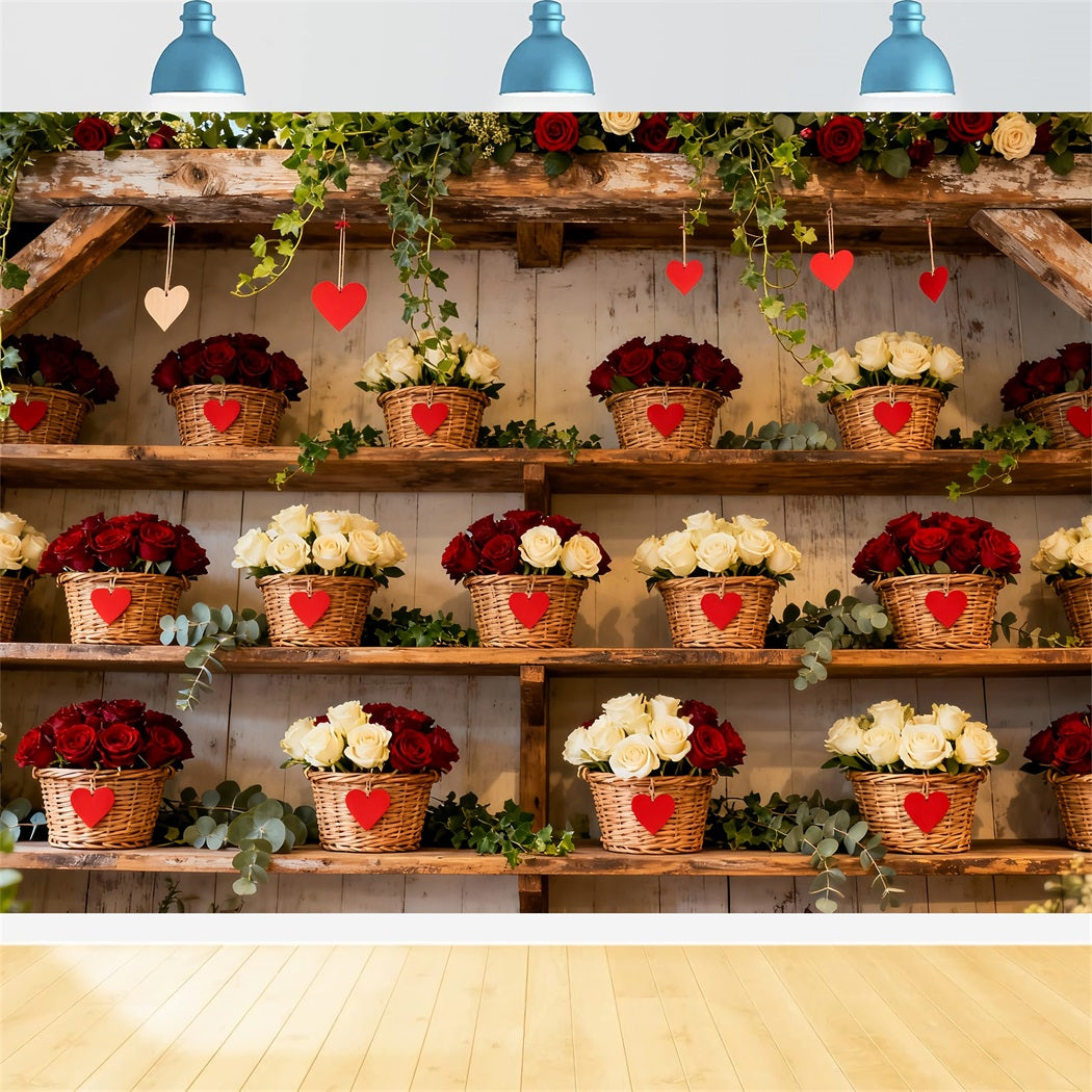 Schlichter Valentinstag-Hintergrund Rustikaler Blumenkorb Wand Roter Rosen-Hintergrund LXX512-86
