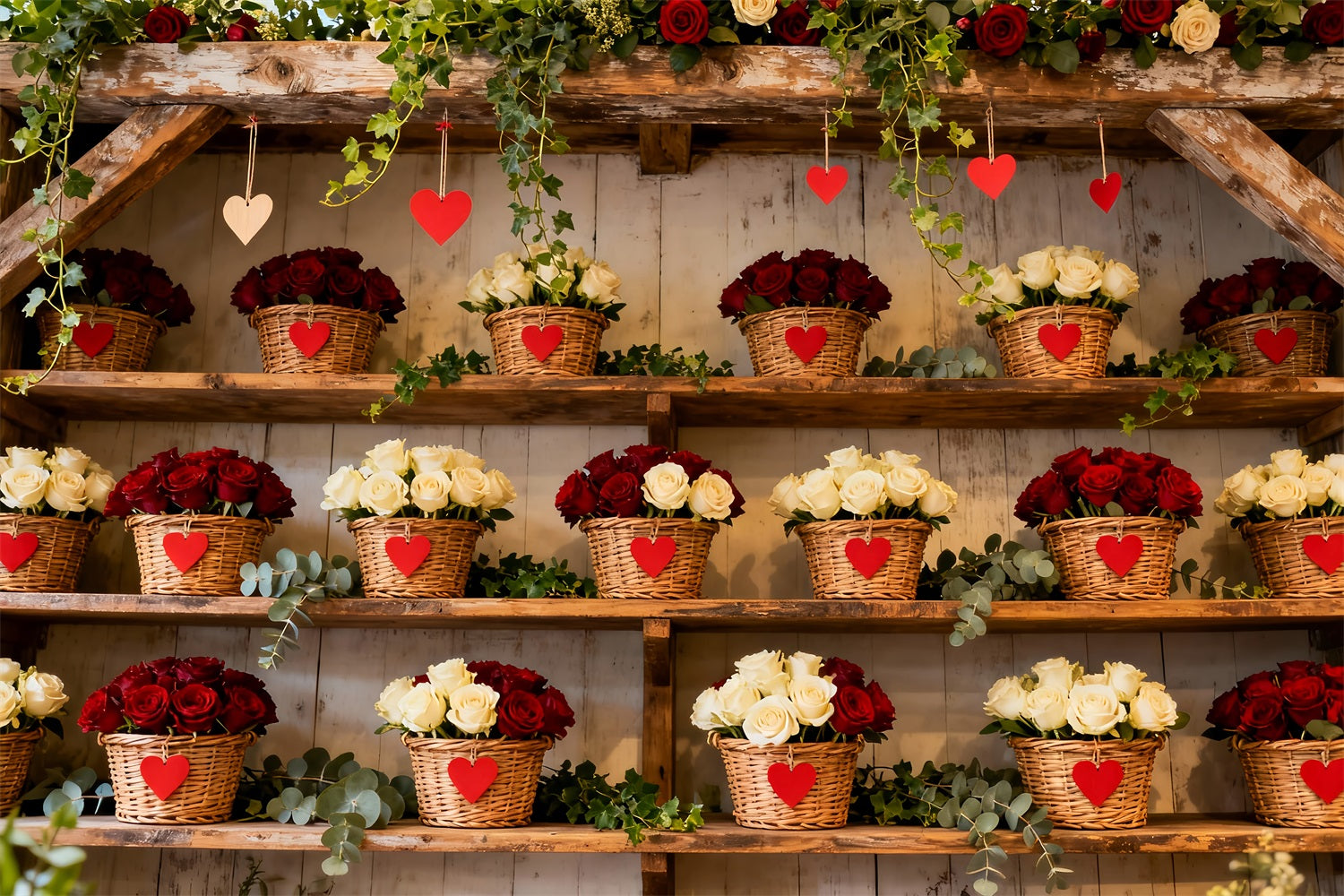 Schlichter Valentinstag-Hintergrund Rustikaler Blumenkorb Wand Roter Rosen-Hintergrund LXX512-86