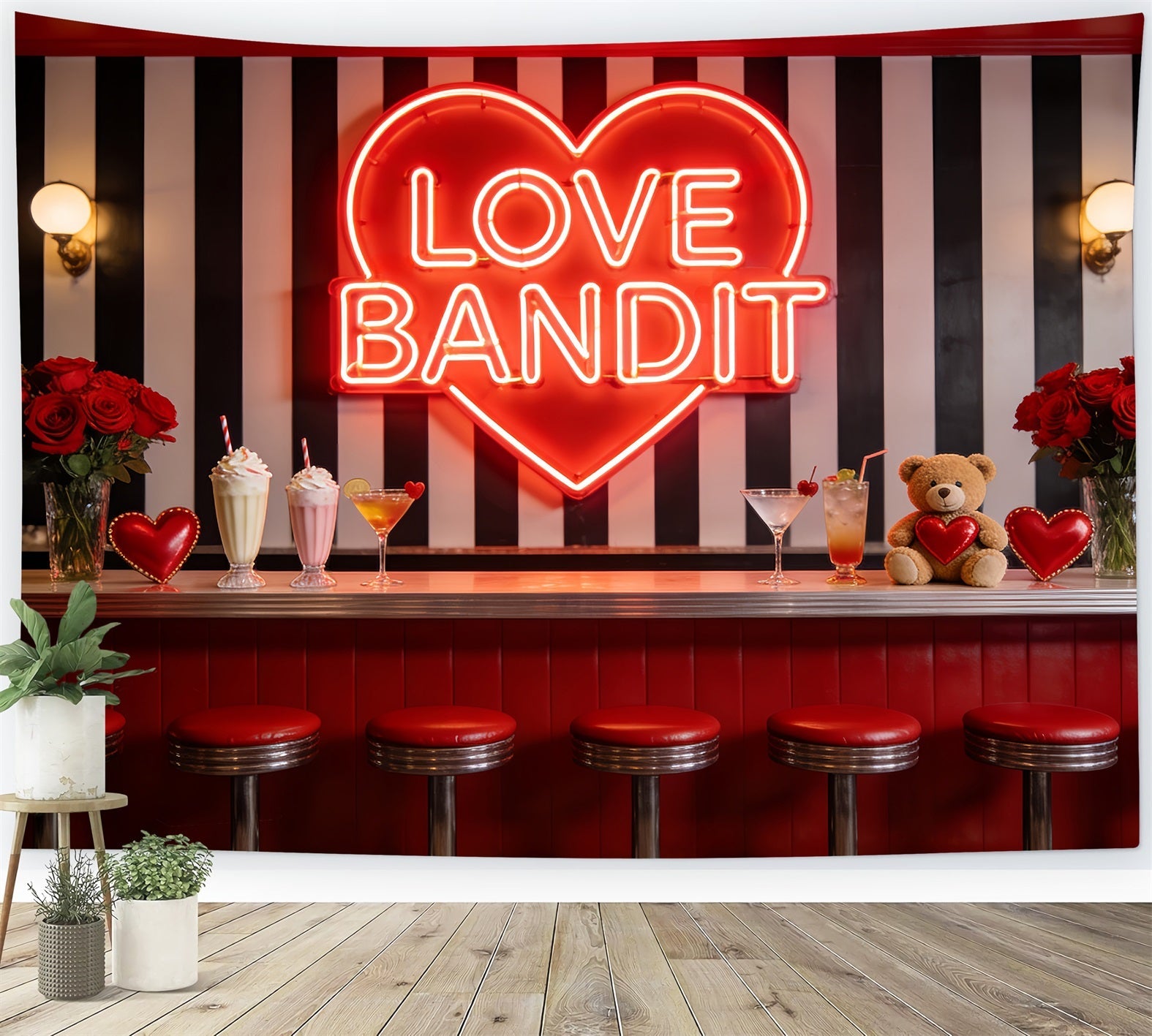 90er-Jahre-Valentinstag-Hintergrund Neon Love Diner Bar Herz-Hintergrund LXX512-98