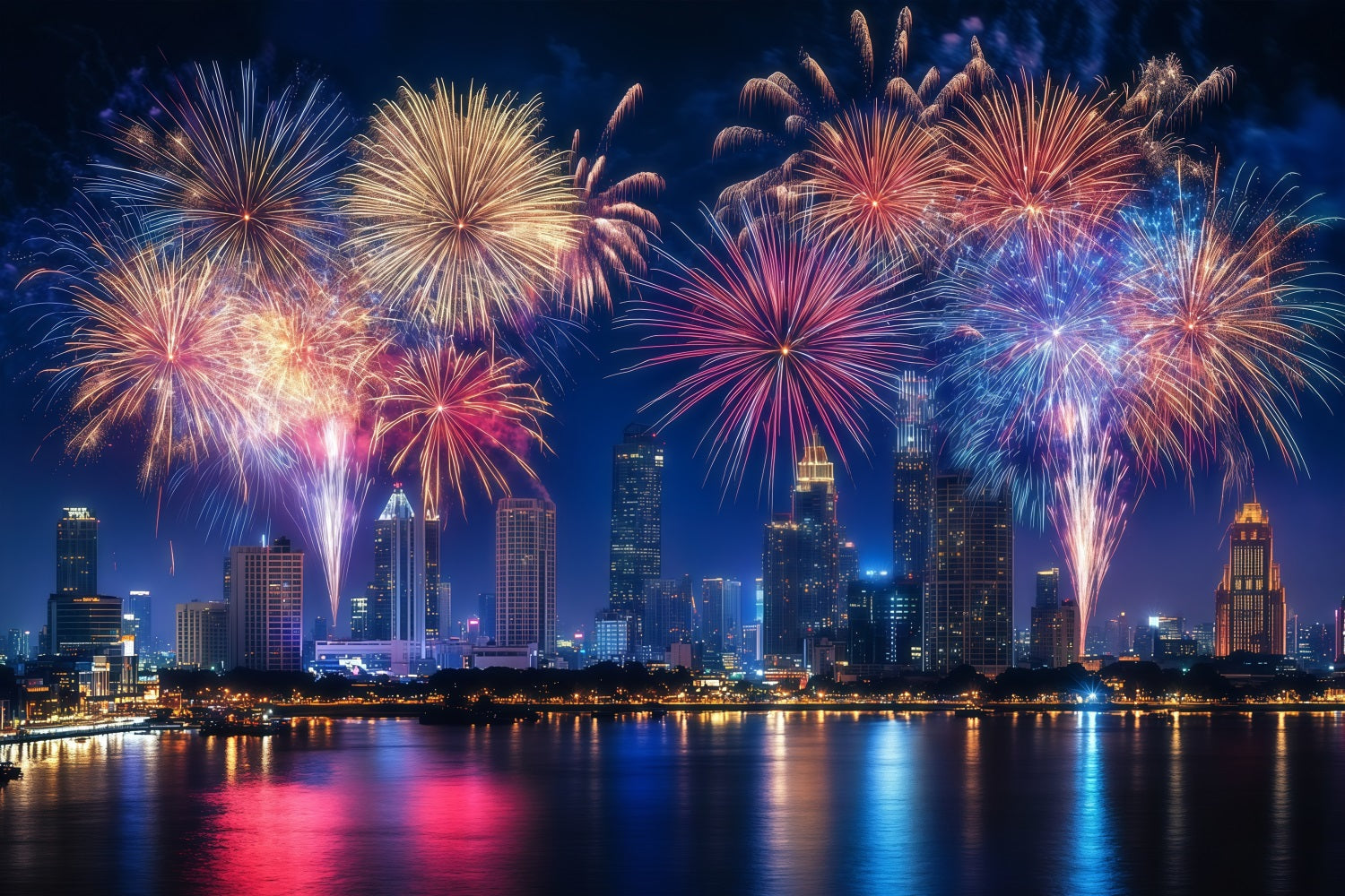 Neujahrs-Foto-Hintergrund Buntes Feuerwerk Stadtlandschaft Stadt-Nacht-Hintergrund LXX512-9