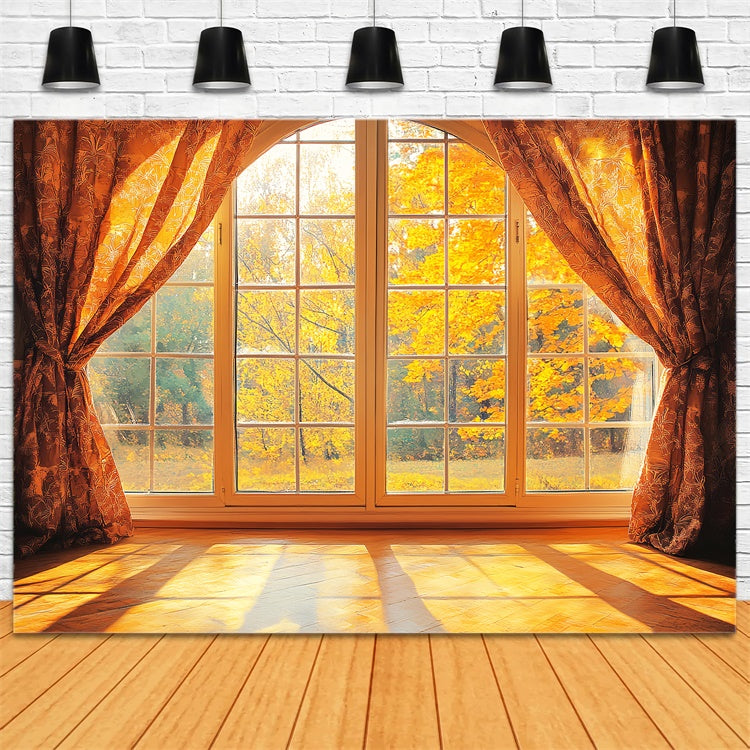 Herbst Fotohintergrund Goldener Ahorn Fensterblick Backdrop LXX57-148
