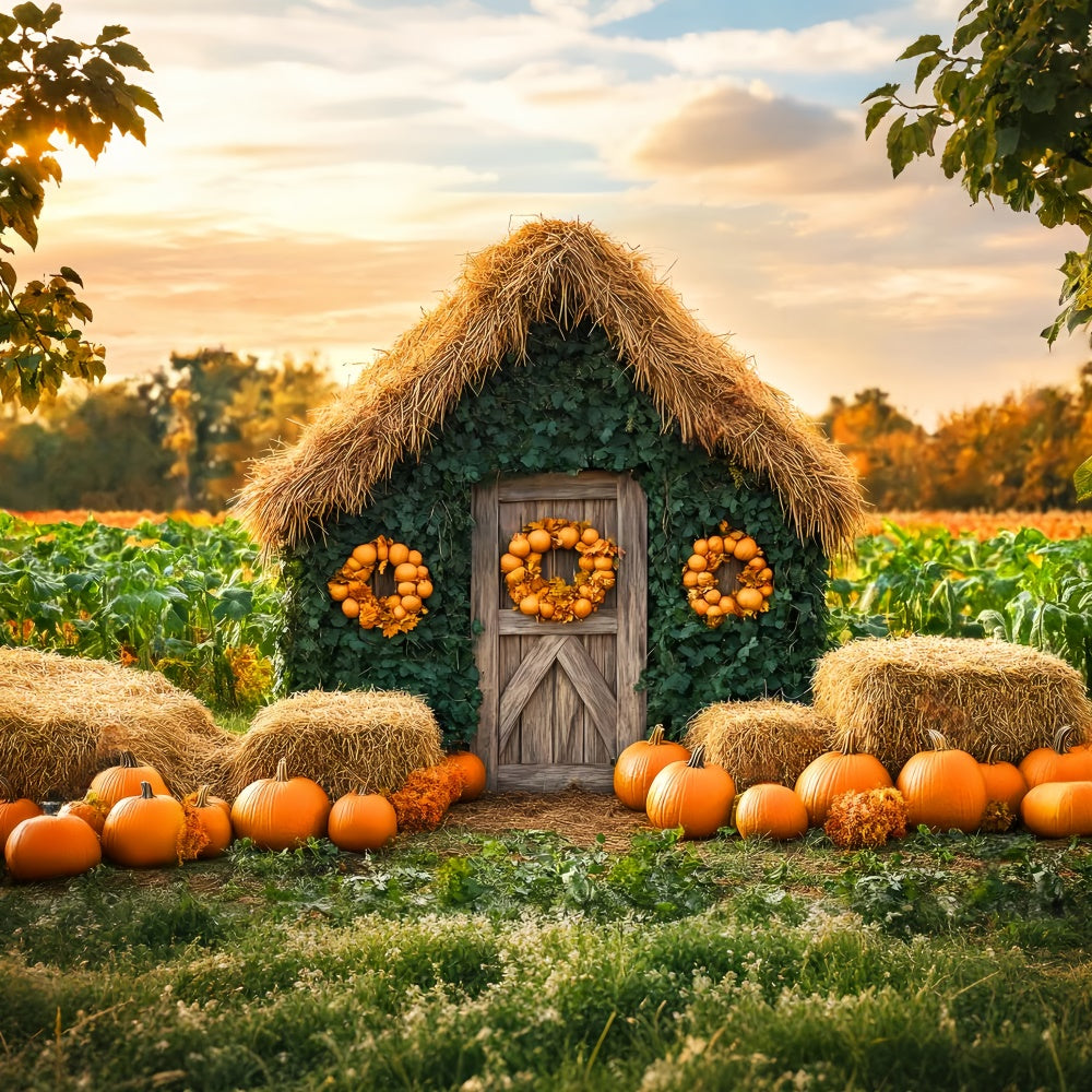 Herbst Fotokulisse Kürbisfeld Landhaus Hintergrund LXX57-154