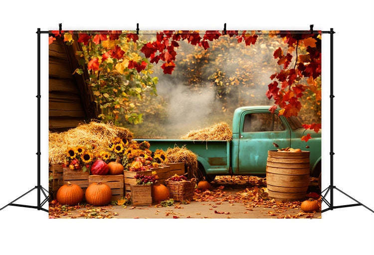 Herbst Backdrop Rustikaler Blauer Truck Sonnenblumen Fotohintergrund LXX57-171