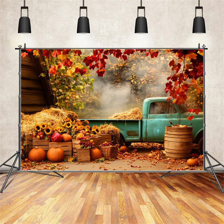 Herbst Backdrop Rustikaler Blauer Truck Sonnenblumen Fotohintergrund LXX57-171