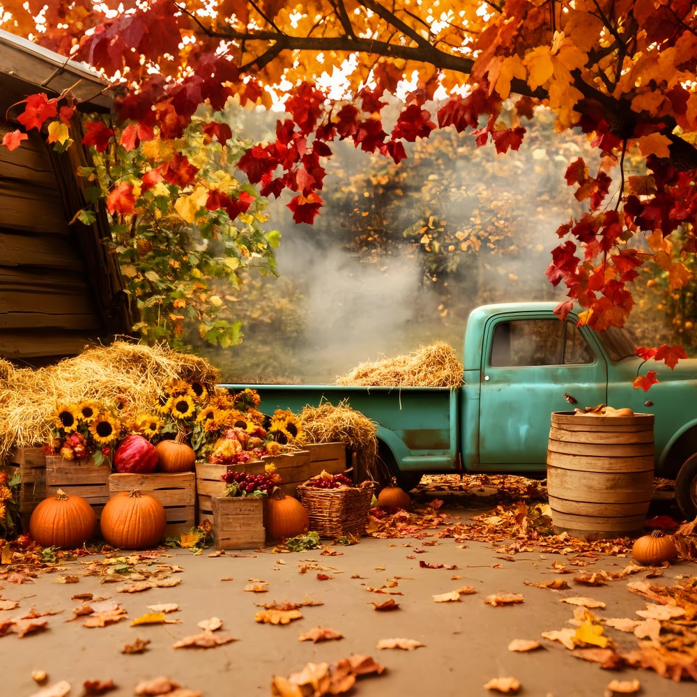 Herbst Backdrop Rustikaler Blauer Truck Sonnenblumen Fotohintergrund LXX57-171