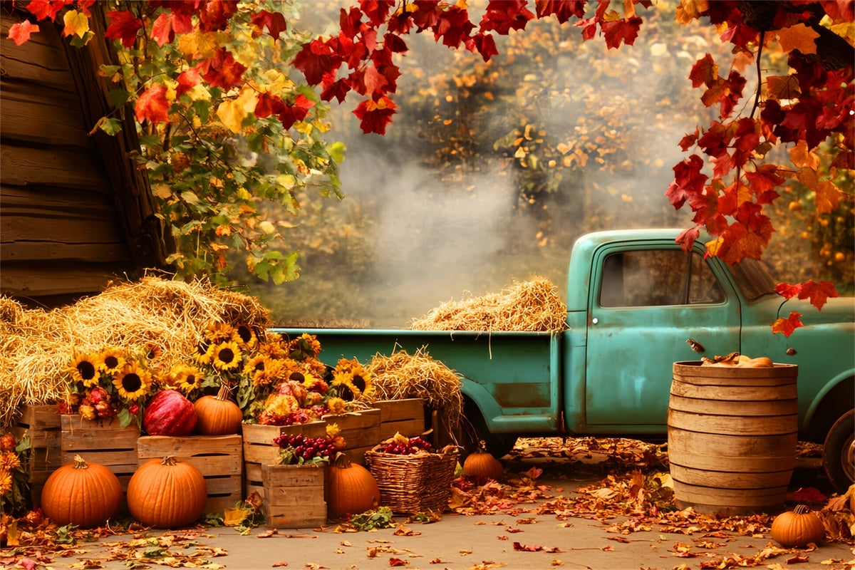 Herbst Backdrop Rustikaler Blauer Truck Sonnenblumen Fotohintergrund LXX57-171