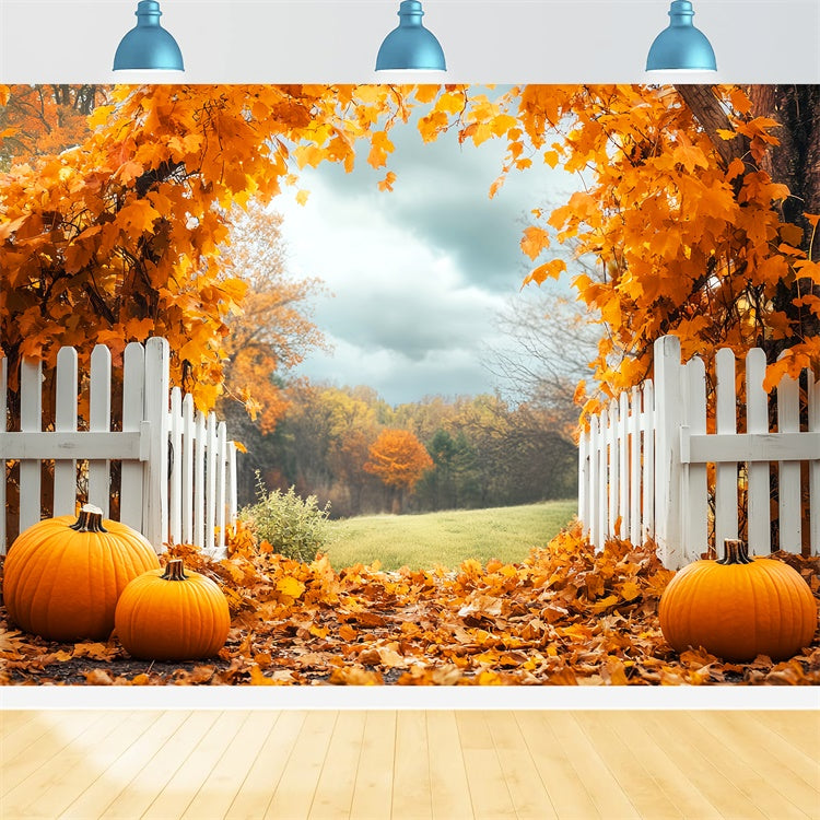 Herbstblätter Hintergrundkulisse Kürbishain Zaun Fotohintergrund LXX57-179
