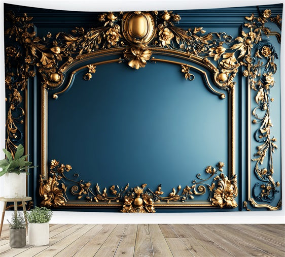 Barocke Hintergrundkulisse Opulentes Blau Vergoldet Vintage Wall Backdrop LXX57-207