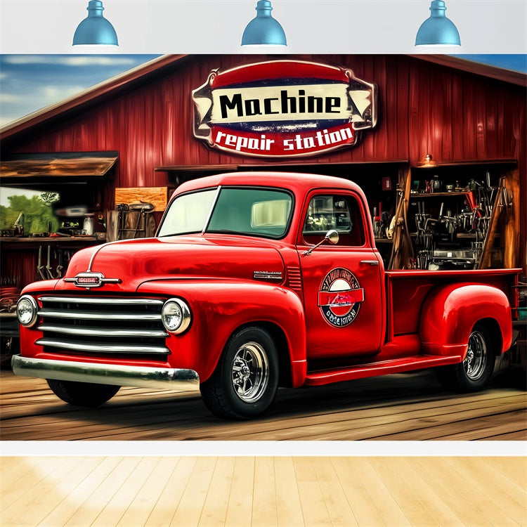 Retro-Fotohintergrund Rotes Garagenfahrzeug Vintage-Hintergrund LXX57-229