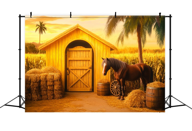 Scheune Backdrops Goldenes Kornfeld Pferde Foto Hintergrund LXX57-372