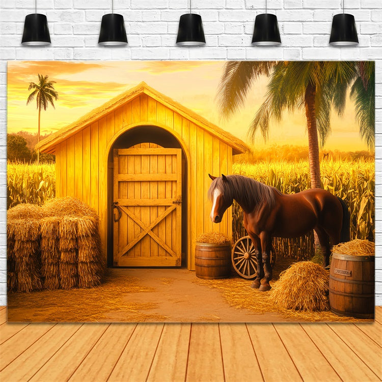 Scheune Backdrops Goldenes Kornfeld Pferde Foto Hintergrund LXX57-372