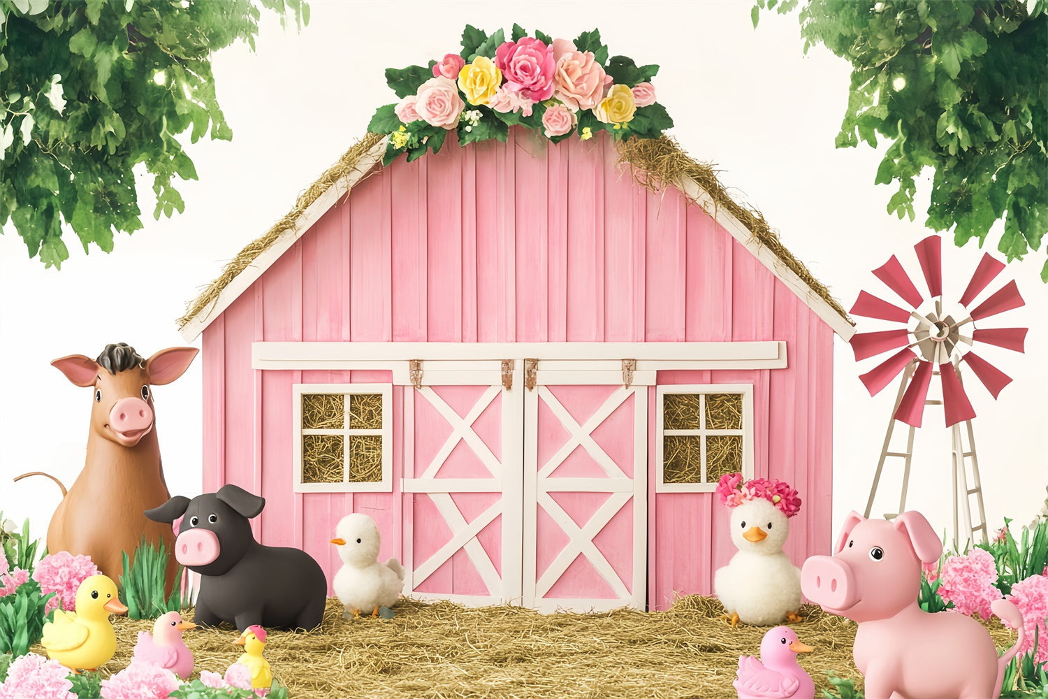 Rosa Scheune Backdrop Bauernhof Spaß Geburtstag Scheune Foto Hintergrund LXX57-374