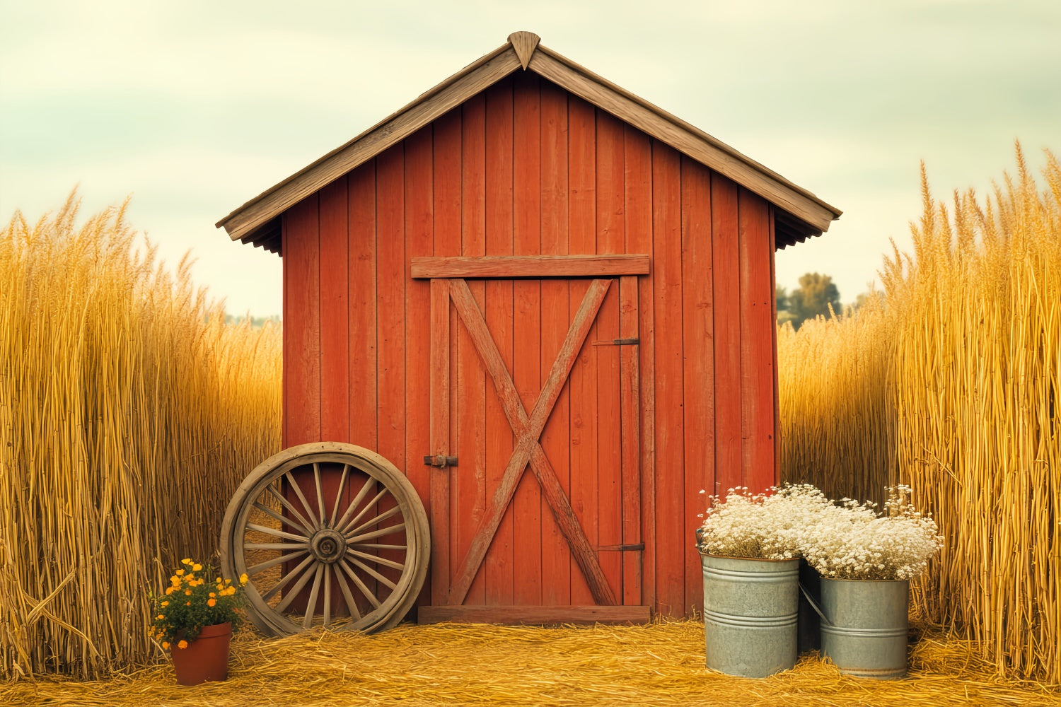 Scheune Backdrops Goldenes Weizenfeld Rustikale Foto Hintergrund LXX57-380