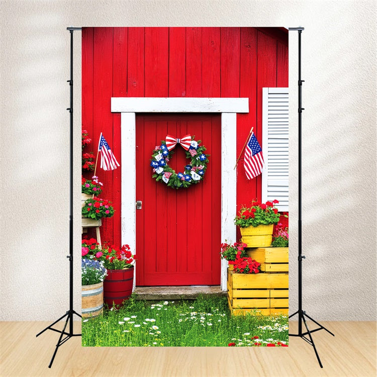 Scheunentür-Hintergrundkulisse Patriotische Scheune Veranda Foto Hintergrund LXX57-392