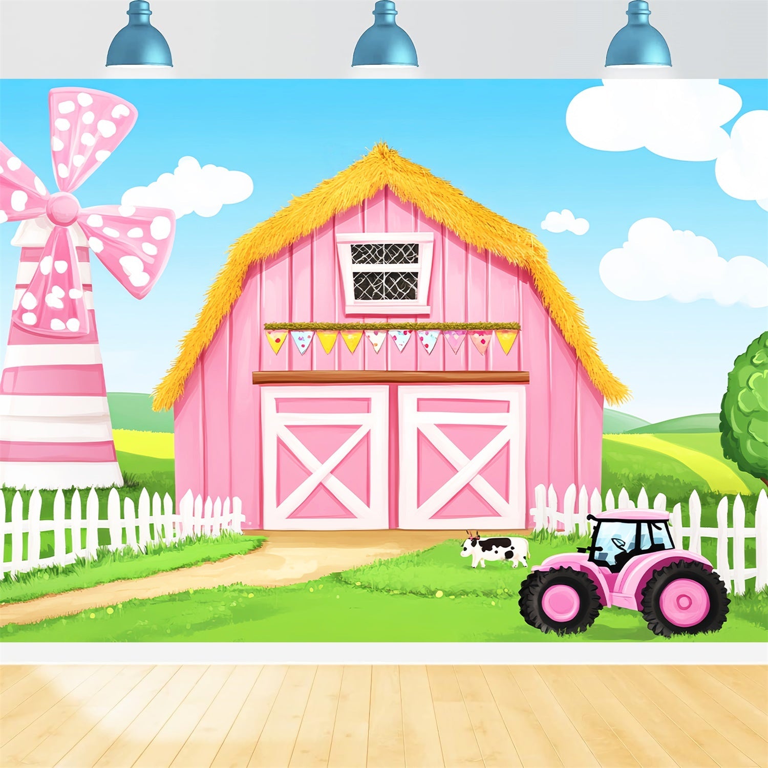 Rosa Scheune Backdrop Cartoon Bauernhof Thema Foto Hintergrund LXX57-401