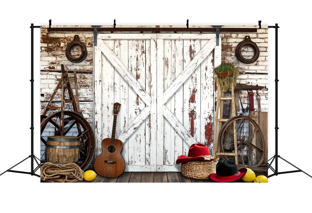 Rustikale Scheune Backdrop Gitarre Bauernhof Werkzeuge Foto Hintergrund LXX57-405