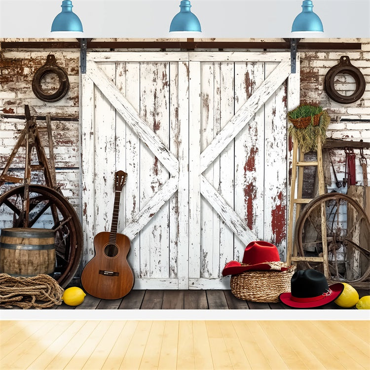 Rustikale Scheune Backdrop Gitarre Bauernhof Werkzeuge Foto Hintergrund LXX57-405