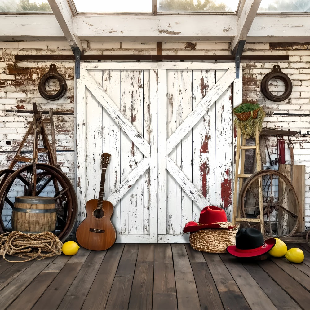 Rustikale Scheune Backdrop Gitarre Bauernhof Werkzeuge Foto Hintergrund LXX57-405