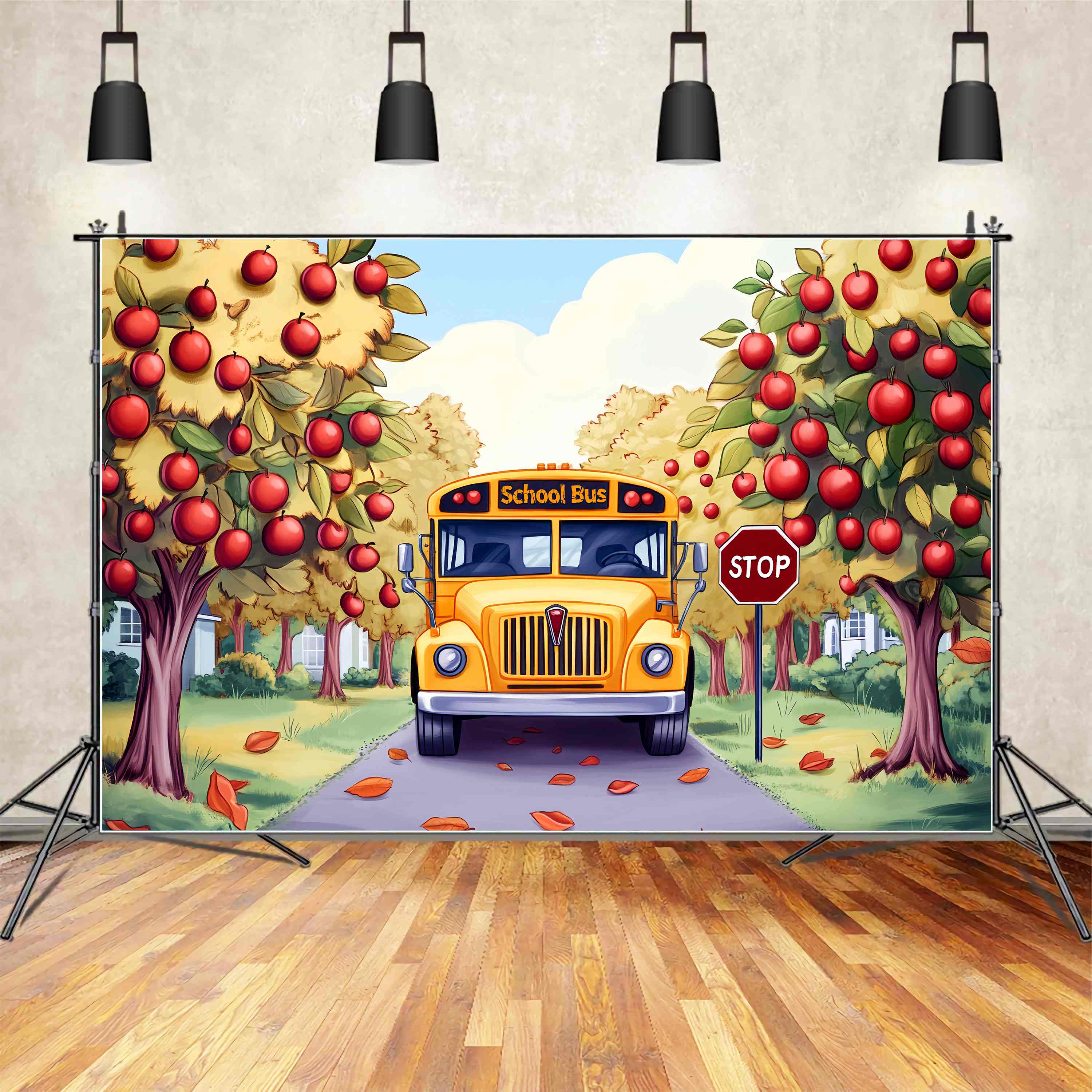 Schulbus Backdrop Apfelgarten Herbst Schulbus Back To School Studiohintergrund LXX58-130
