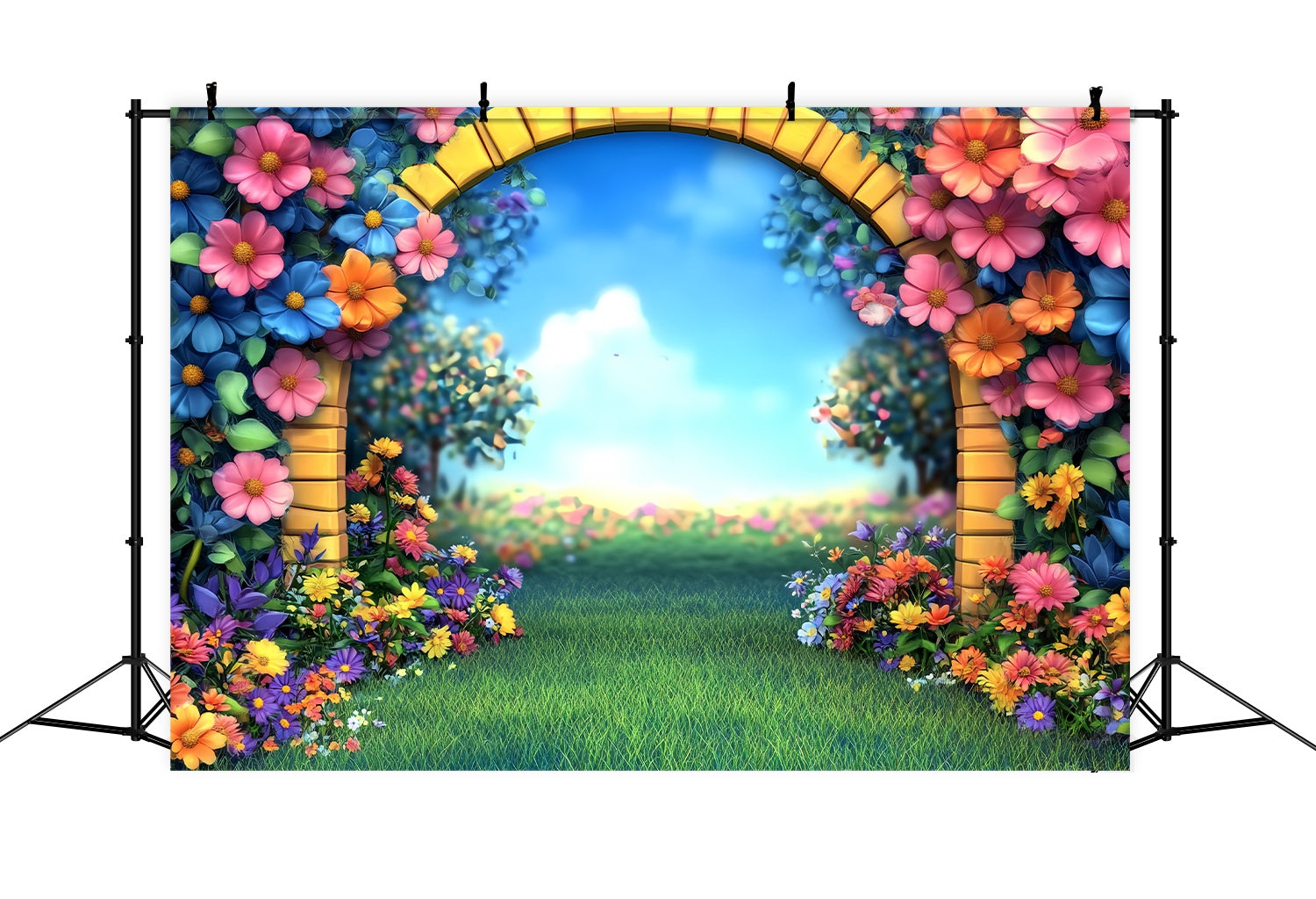 Vorschule Fotohintergrund Cartoon Garten Bogen Bunte Blumen Zurück zu Schule Fotohintergrundbilder LXX58-138