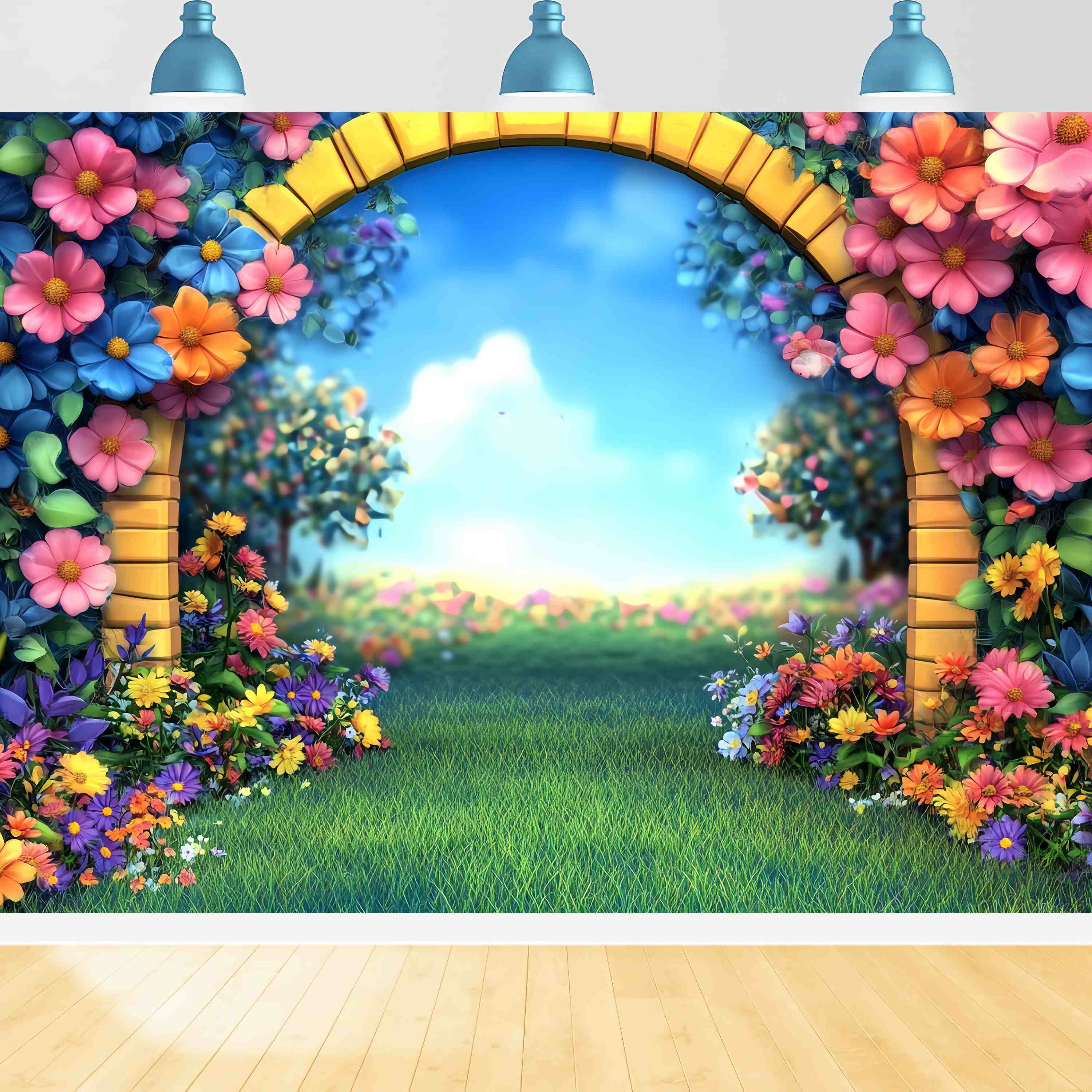 Vorschule Fotohintergrund Cartoon Garten Bogen Bunte Blumen Zurück zu Schule Fotohintergrundbilder LXX58-138