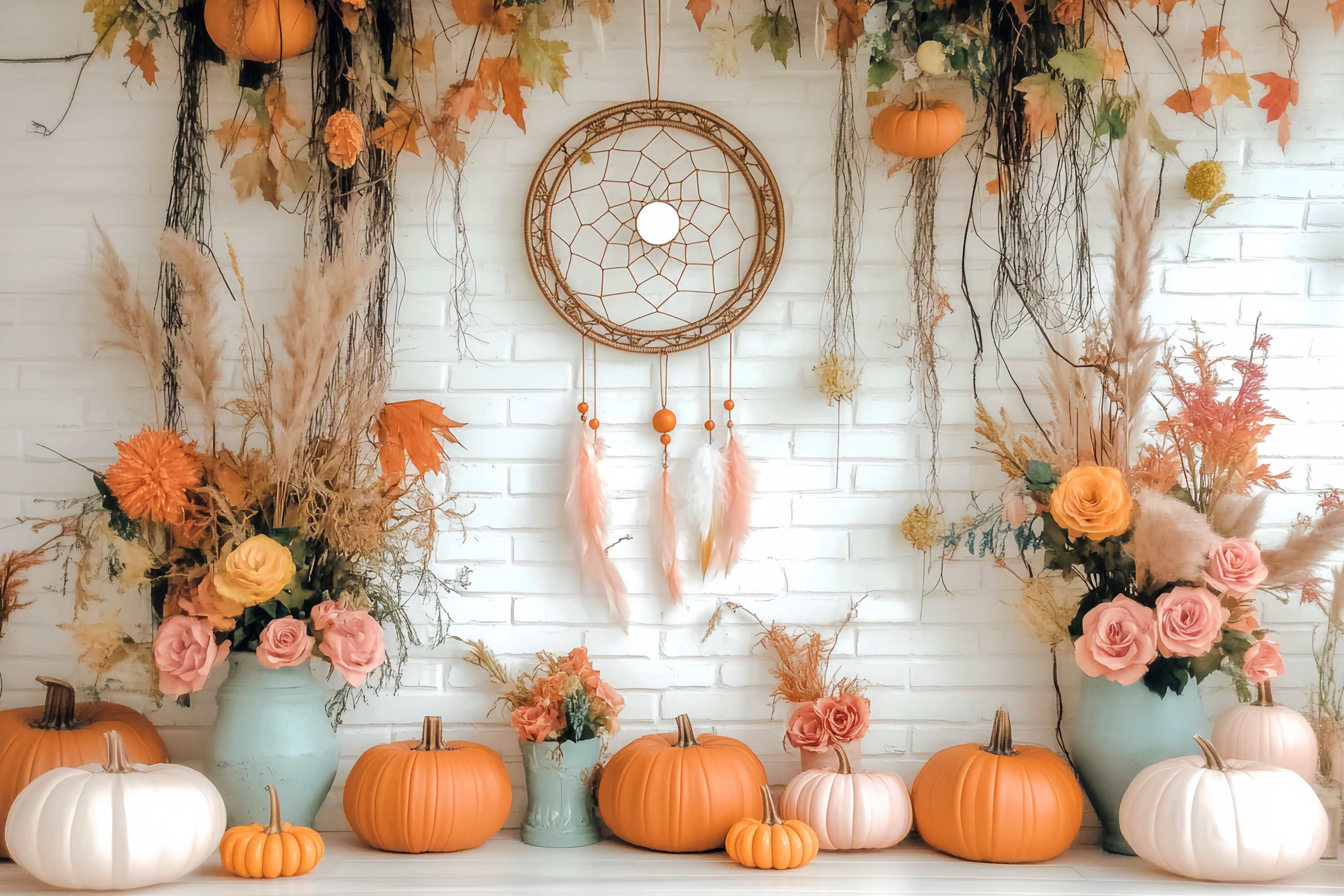 Herbst-Foto Hintergrund Rustikaler Kürbis Traumfänger Display Boho-Foto Hintergrund LXX58-155