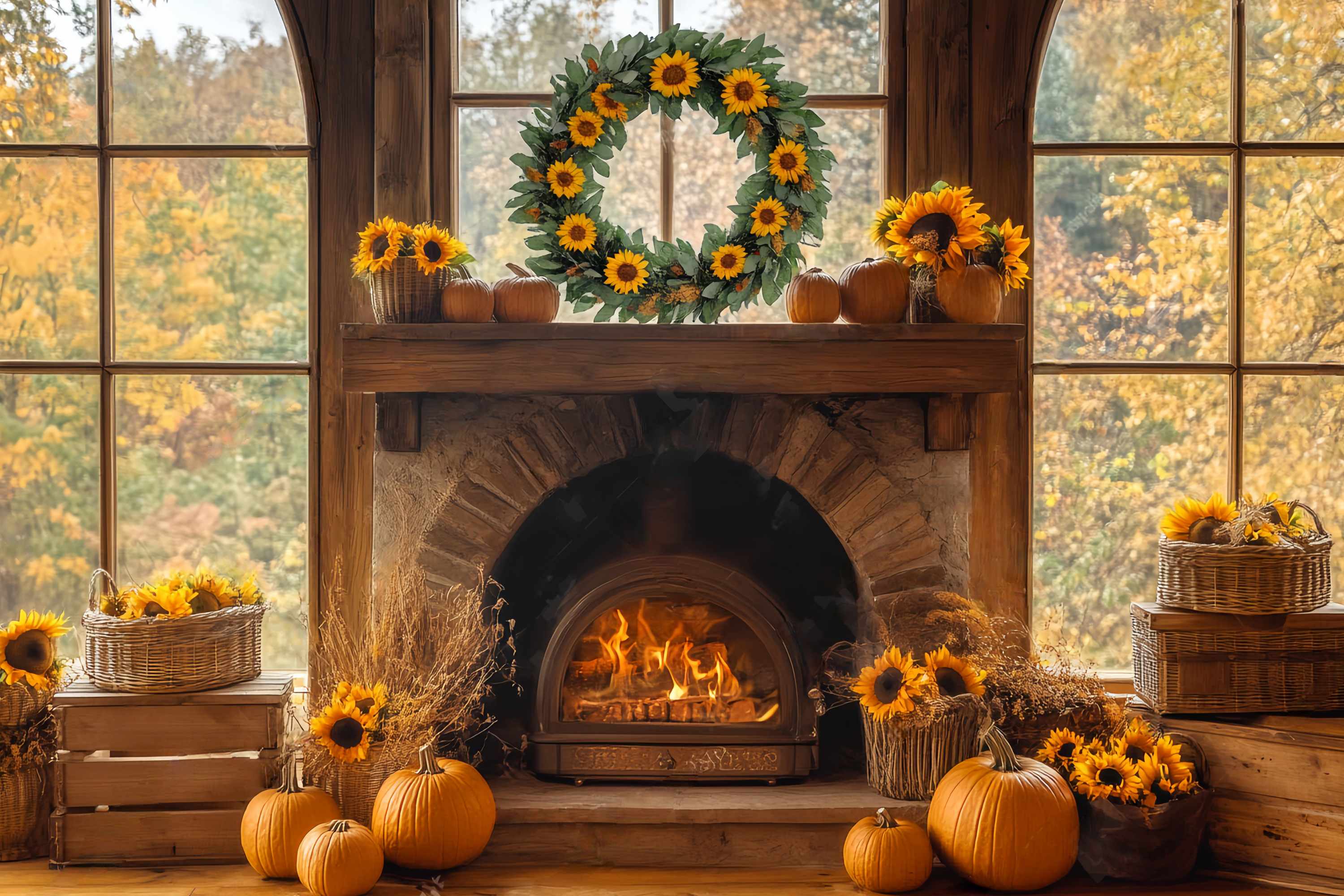 HerbstFoto Hintergrund für Fotos Sonnenblume Kürbis Herdglut KaminFoto Hintergrund LXX58-160