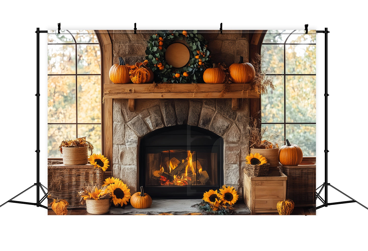 Herbst-Foto Hintergrund für Fotos Rustikaler Kamin Sonnenblumen-Charme Kamin-Foto Hintergrund LXX58-161