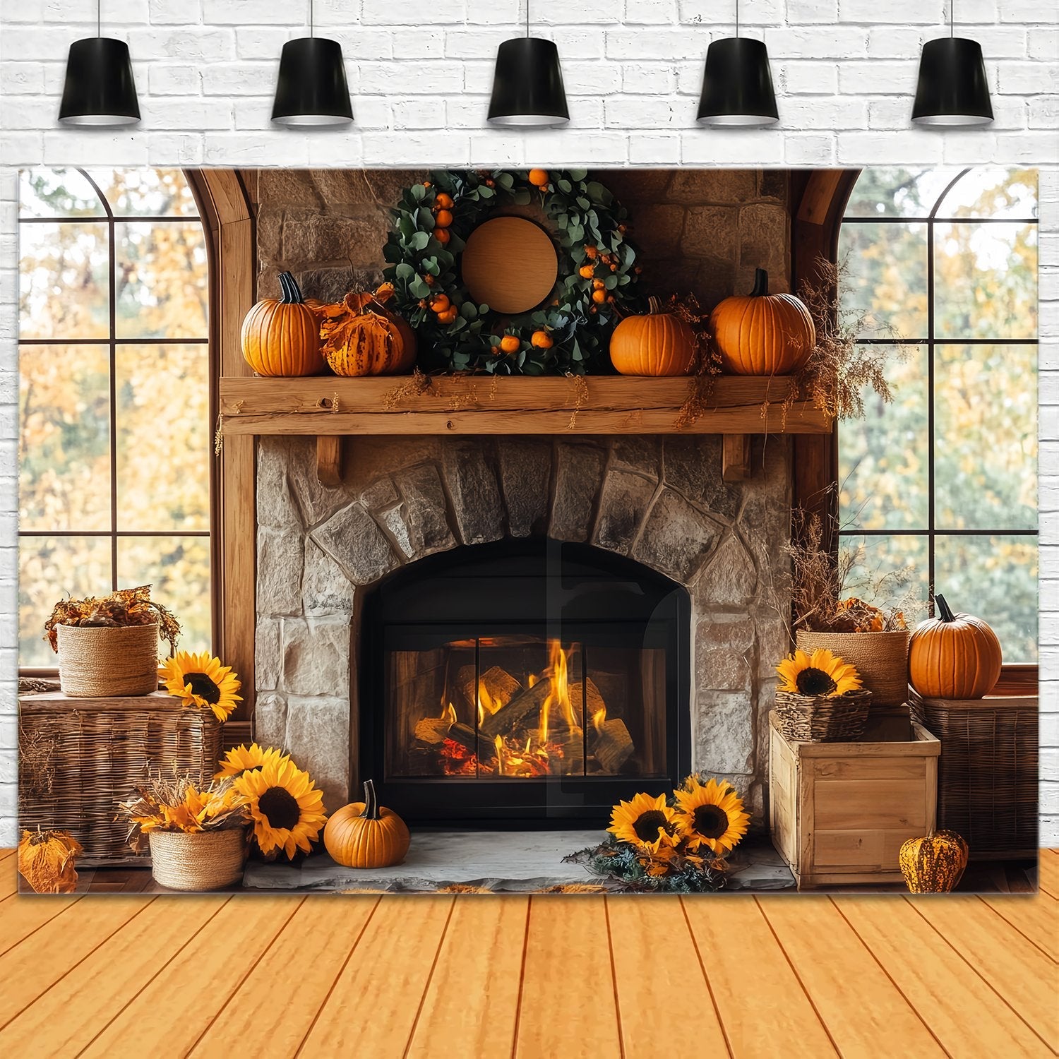 Herbst-Foto Hintergrund für Fotos Rustikaler Kamin Sonnenblumen-Charme Kamin-Foto Hintergrund LXX58-161
