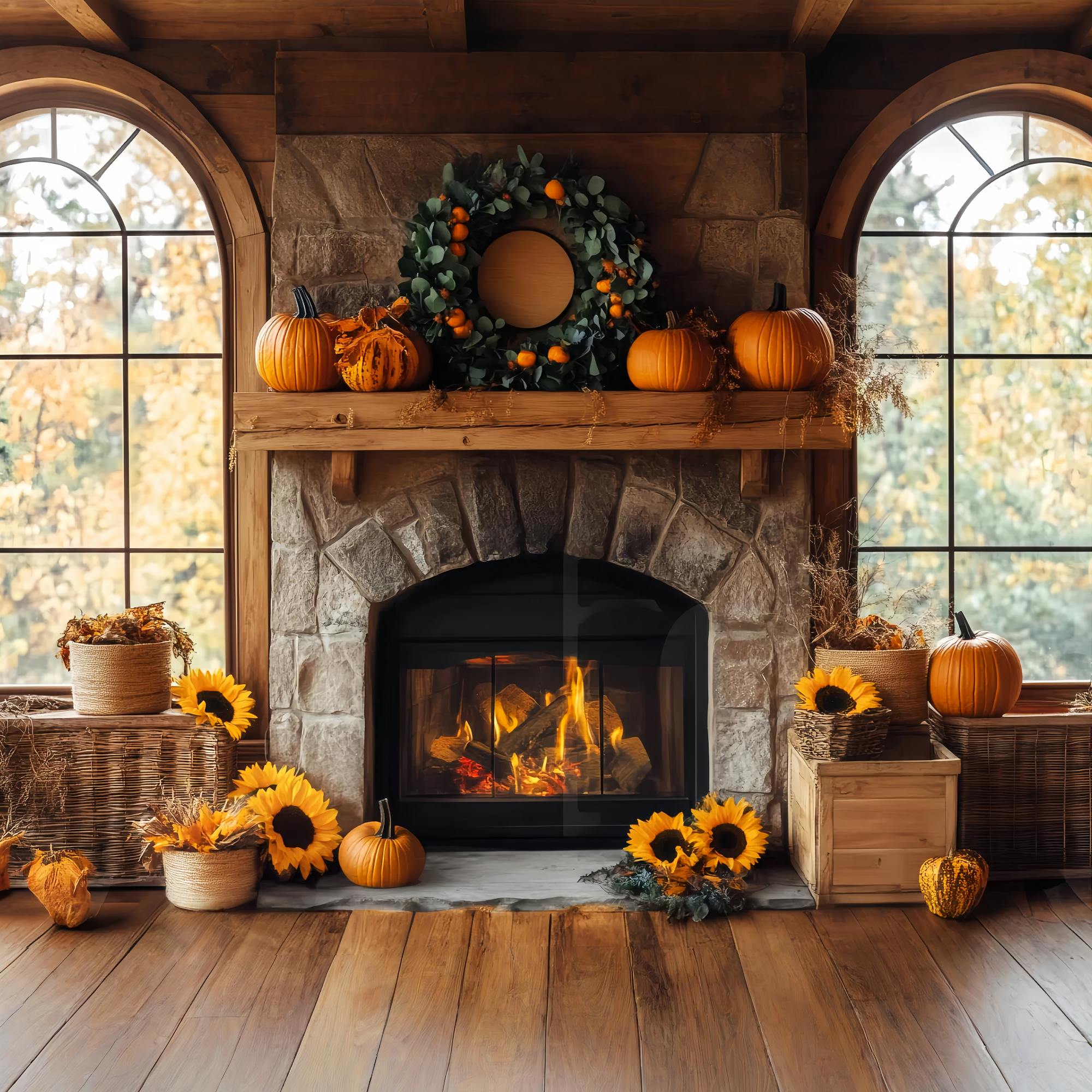 Herbst-Foto Hintergrund für Fotos Rustikaler Kamin Sonnenblumen-Charme Kamin-Foto Hintergrund LXX58-161