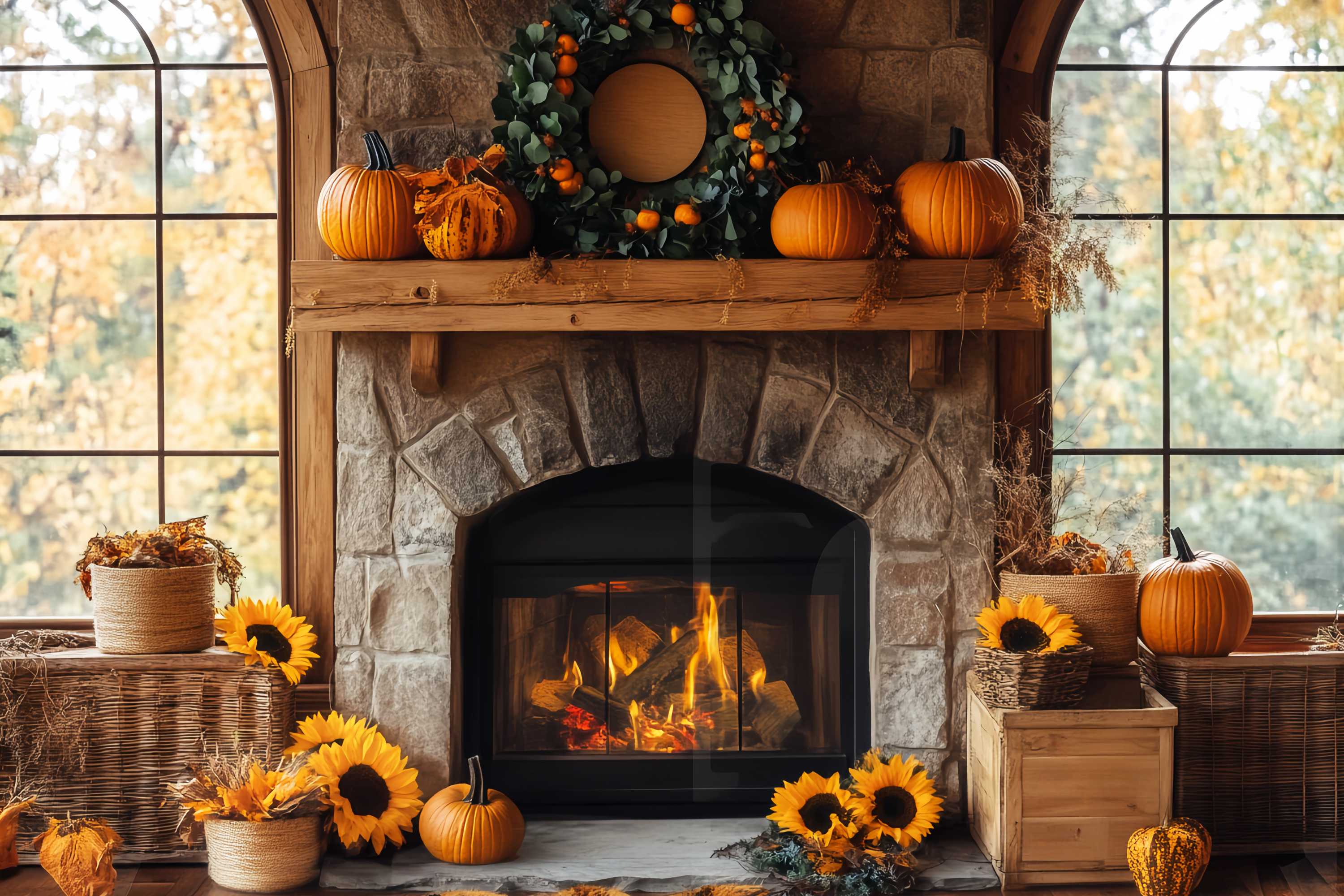 Herbst-Foto Hintergrund für Fotos Rustikaler Kamin Sonnenblumen-Charme Kamin-Foto Hintergrund LXX58-161