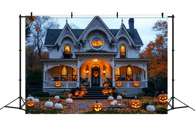 Spukhaus Hintergrundkulisse Kürbis Weißes Herrenhaus Foto Hintergrund LXX58-17
