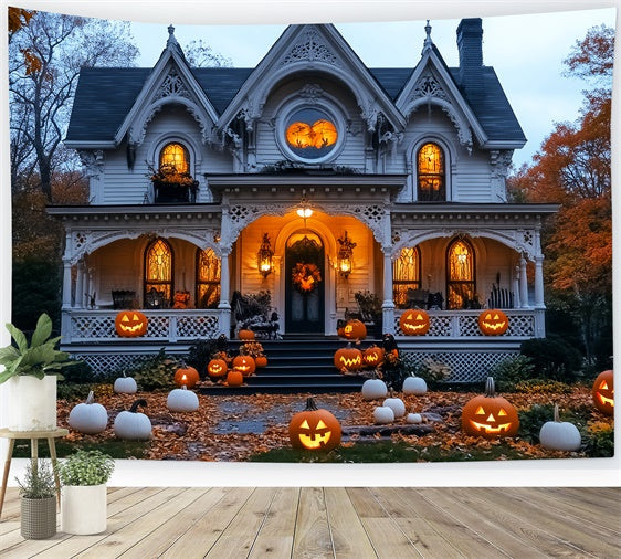 Spukhaus Hintergrundkulisse Kürbis Weißes Herrenhaus Foto Hintergrund LXX58-17