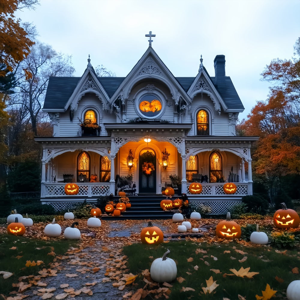 Spukhaus Hintergrundkulisse Kürbis Weißes Herrenhaus Foto Hintergrund LXX58-17