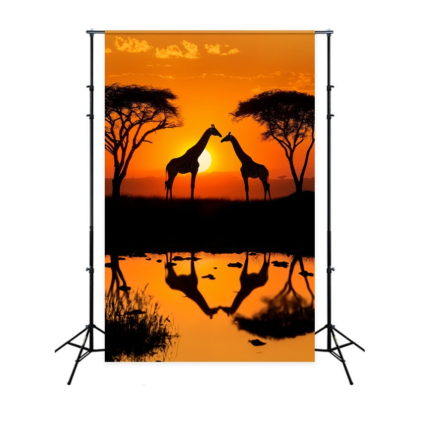Herbst-Fotokulisse Ideen Giraffe Sonnenuntergang Wasser Reflexion Sonnenuntergang Foto Hintergrund LXX58-175