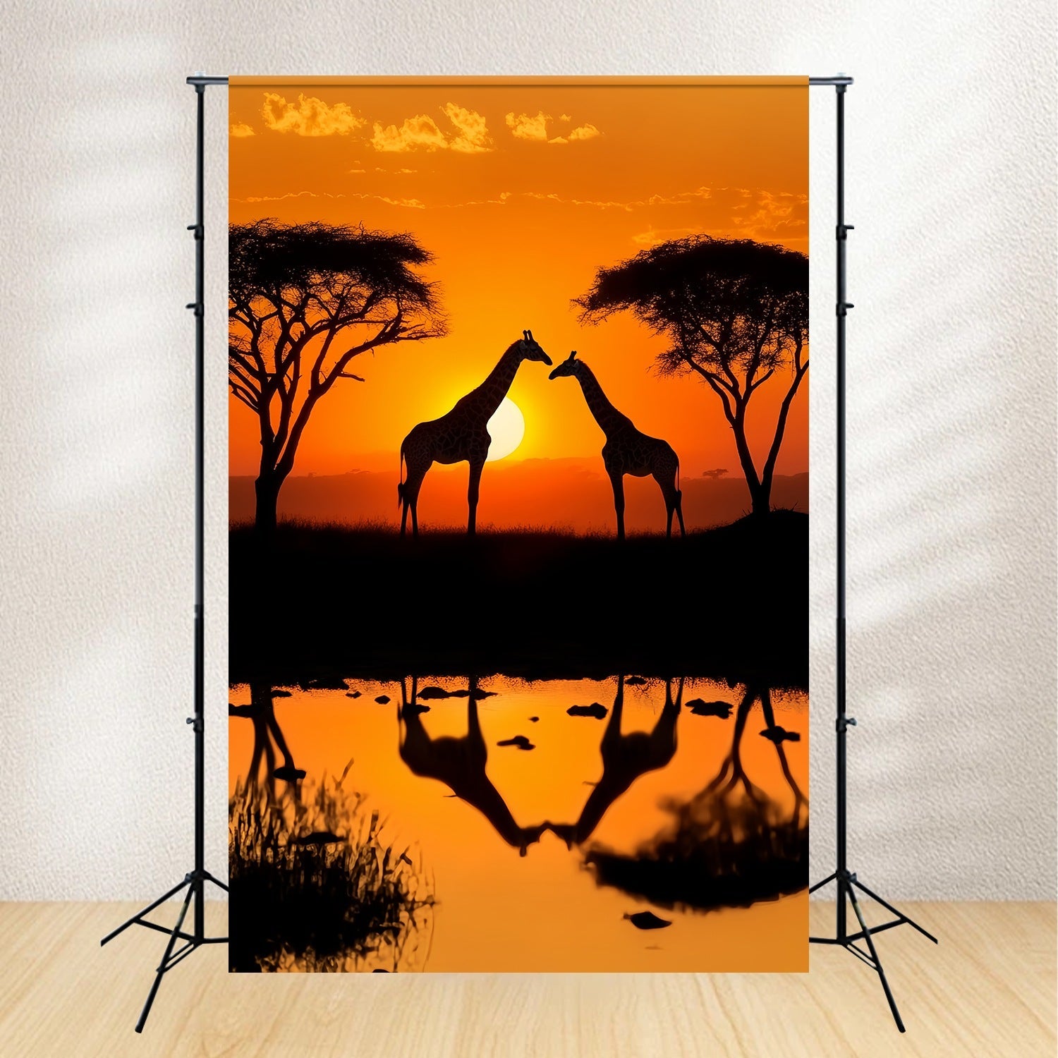 Herbst-Fotokulisse Ideen Giraffe Sonnenuntergang Wasser Reflexion Sonnenuntergang Foto Hintergrund LXX58-175