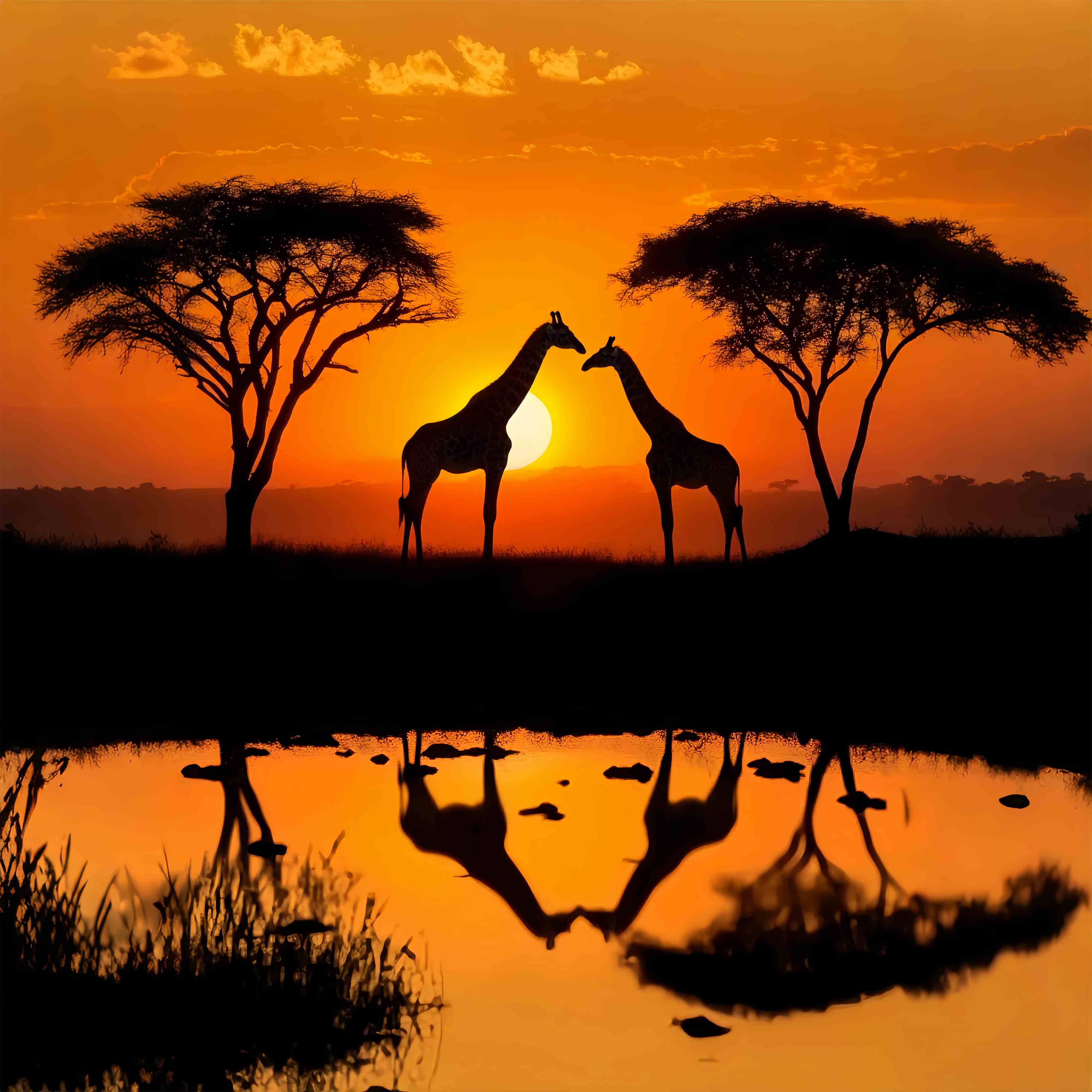 Herbst-Fotokulisse Ideen Giraffe Sonnenuntergang Wasser Reflexion Sonnenuntergang Foto Hintergrund LXX58-175