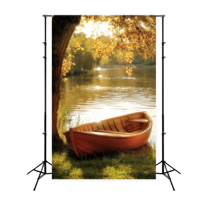 Herbst Fotografie Hintergründe Golden Rowboat Lakeside Tranquility Forest Backdrop LXX58-180