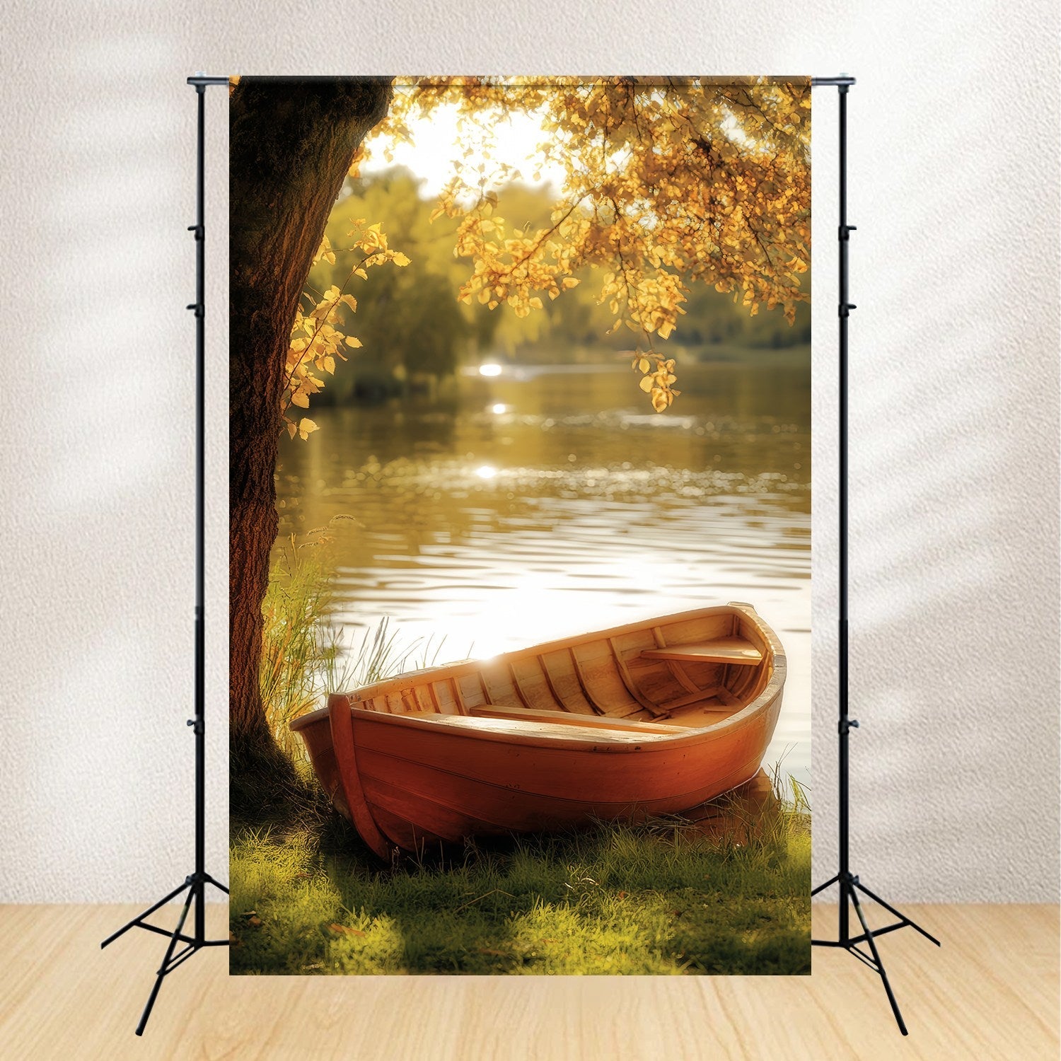 Herbst Fotografie Hintergründe Golden Rowboat Lakeside Tranquility Forest Backdrop LXX58-180