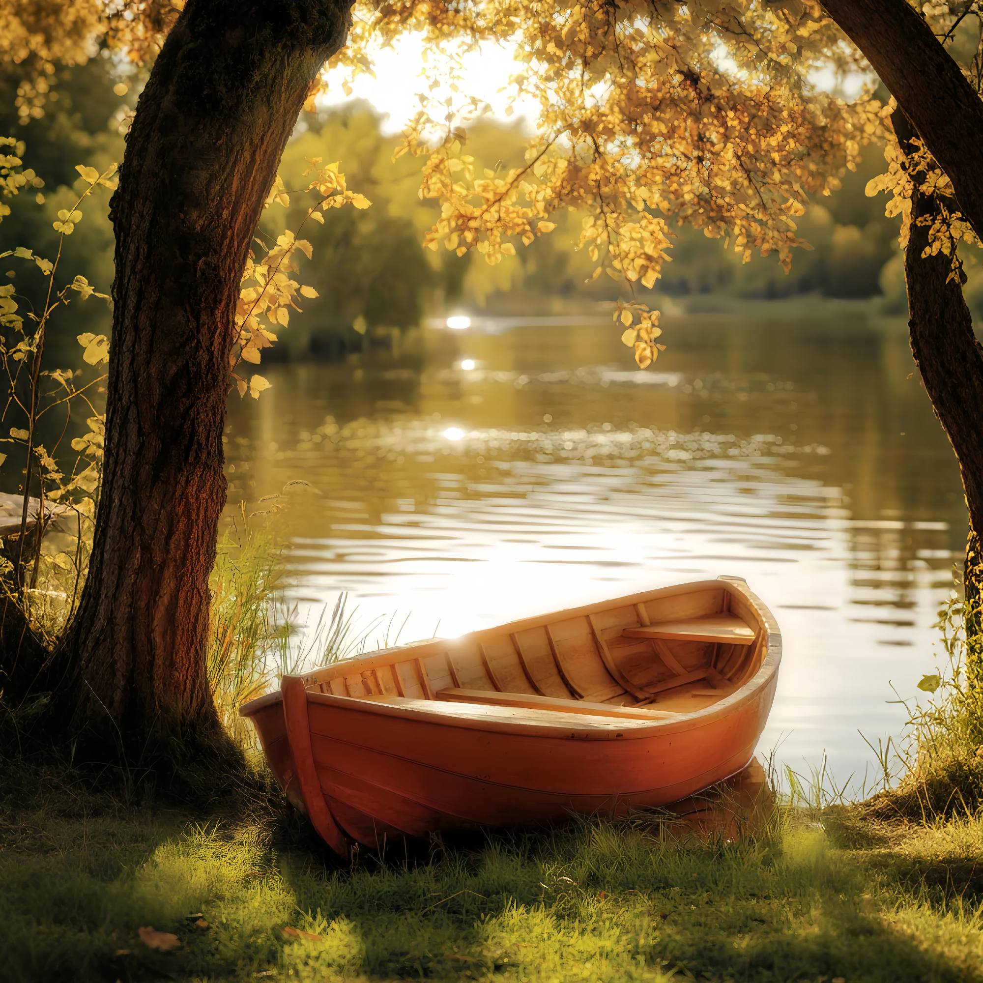 Herbst Fotografie Hintergründe Golden Rowboat Lakeside Tranquility Forest Backdrop LXX58-180