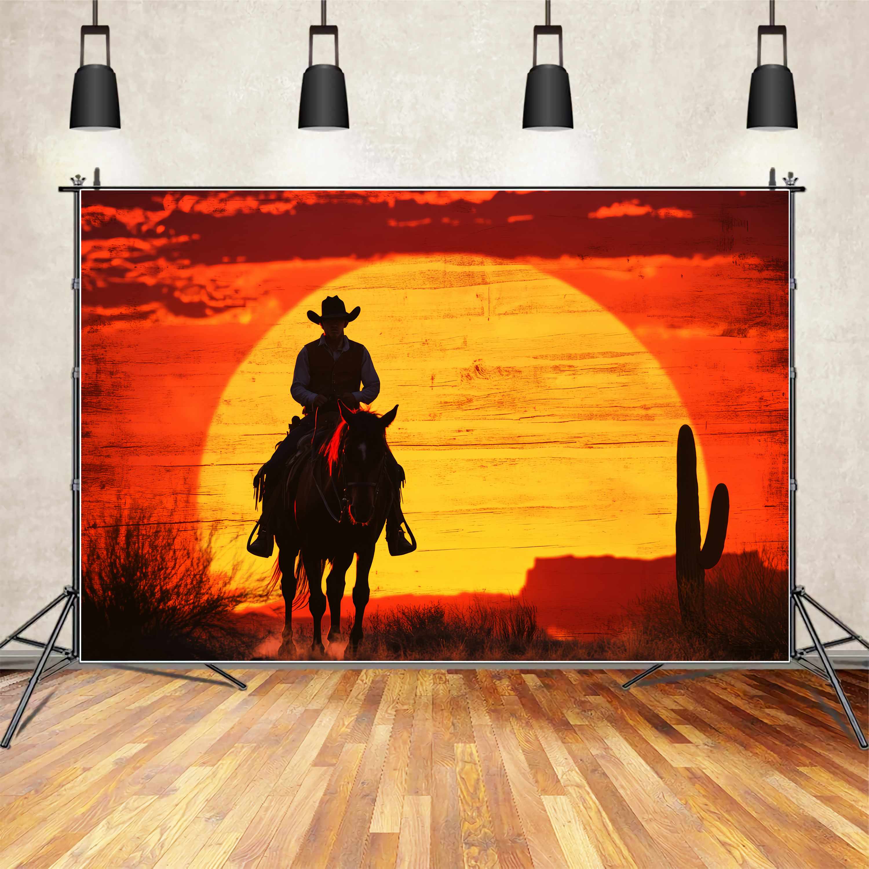 Herbst-Foto Hintergrund Cowboy Silhouette Feuriger Sonnenuntergang Cowboy-Foto Hintergrund LXX58-186